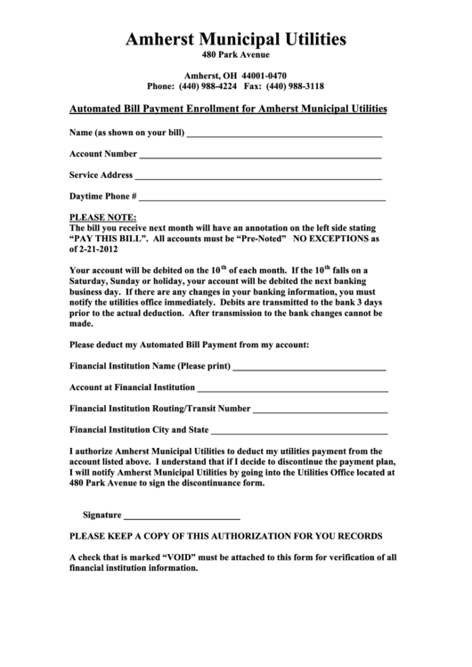 Amherst Municipal Utilities Form Printable pdf