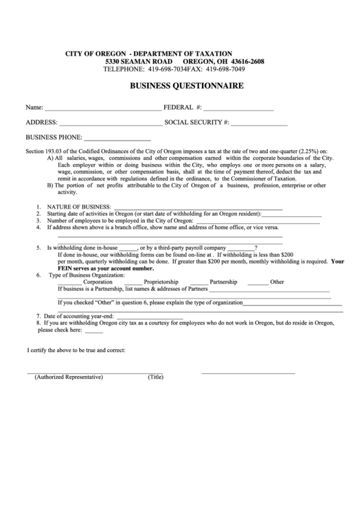 Business Questionnaire Form Oregon Printable pdf