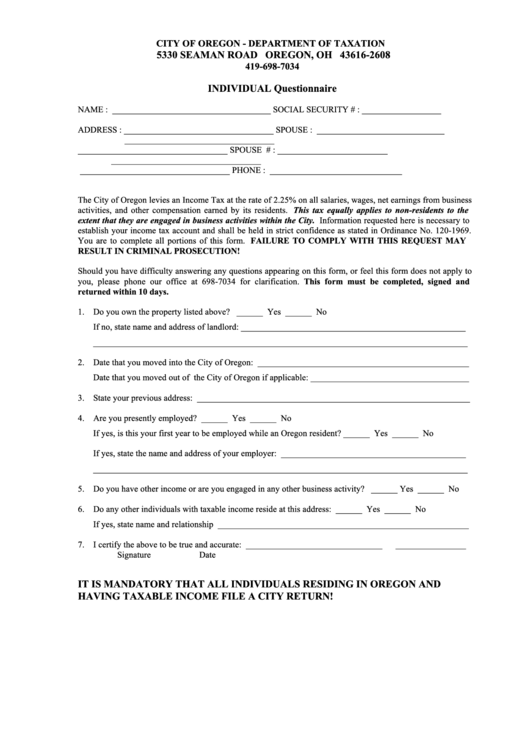 Individual Questionnnaire Form Oregon Printable pdf