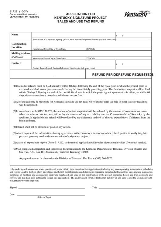 Form 51a291 - Application For Kentucky Signature Project Sales And Use Tax Refund Printable pdf