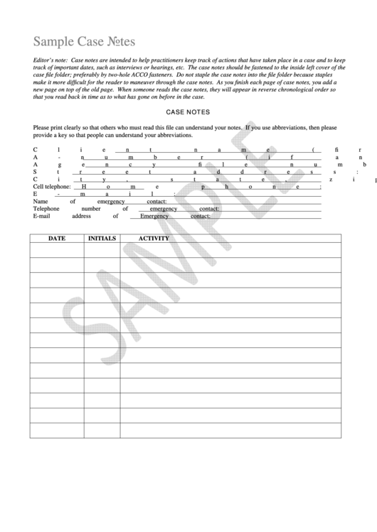 Sample Case Notes Form Printable pdf