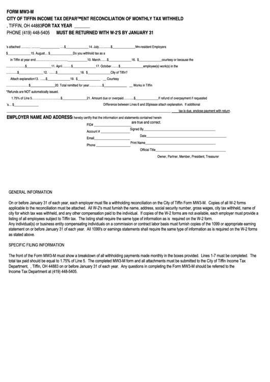 Fillable Form Mw3-M - Reconciliation Of Monthly Tax Withheld Printable pdf