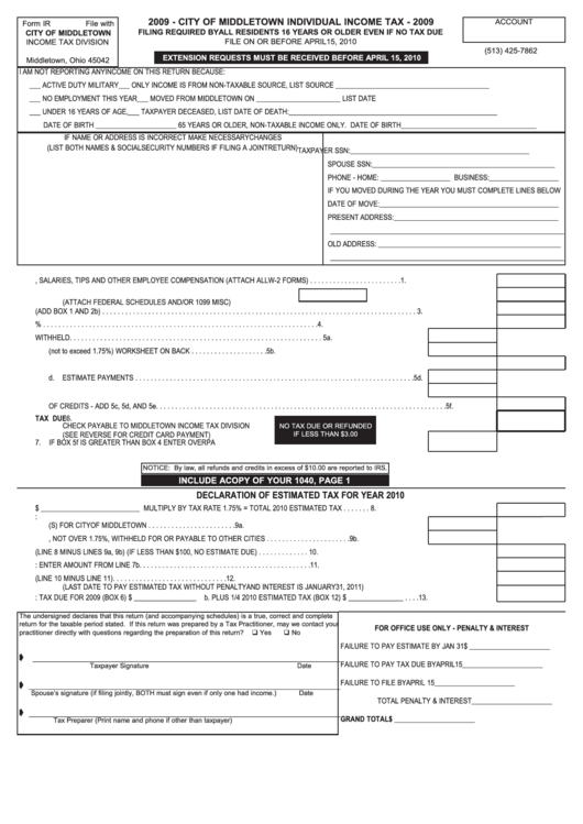 Form Ir - City Of Middletown Individual Income Tax - 2009 Printable pdf