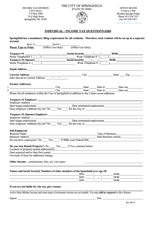 Individual Income Tax Questionnaire Form Ohio Printable pdf