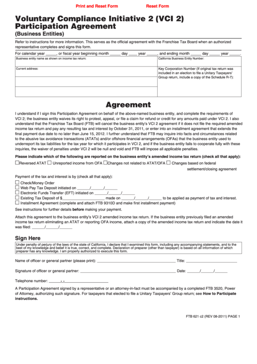 Fillable Form Ftb 621 C2 - Voluntary Compliance Initiative 2 (Vci 2) Participation Agreement (Business Entities) Printable pdf