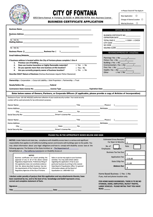 Business Certificate Application Form - City Of Fontana Printable pdf