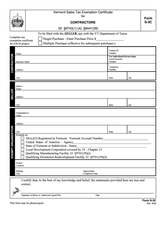 Form S-3c - Vermont Sales Tax Exemption Certificate For Contractors Printable pdf