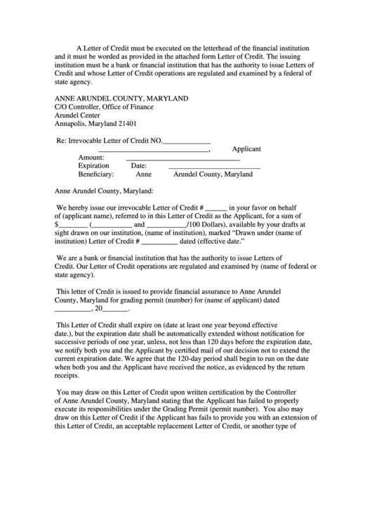 Grading Letter Of Credit Template - Maryland Office Of Finance Printable pdf