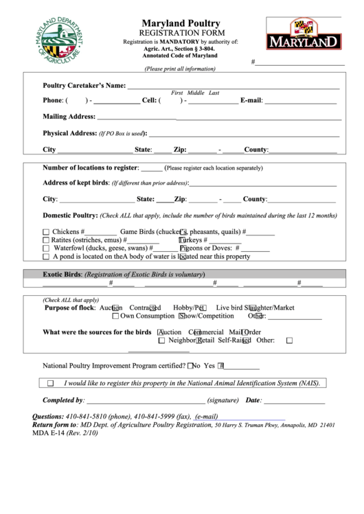 Maryland Poultry Registration Form - Department Of Agriculture Printable pdf