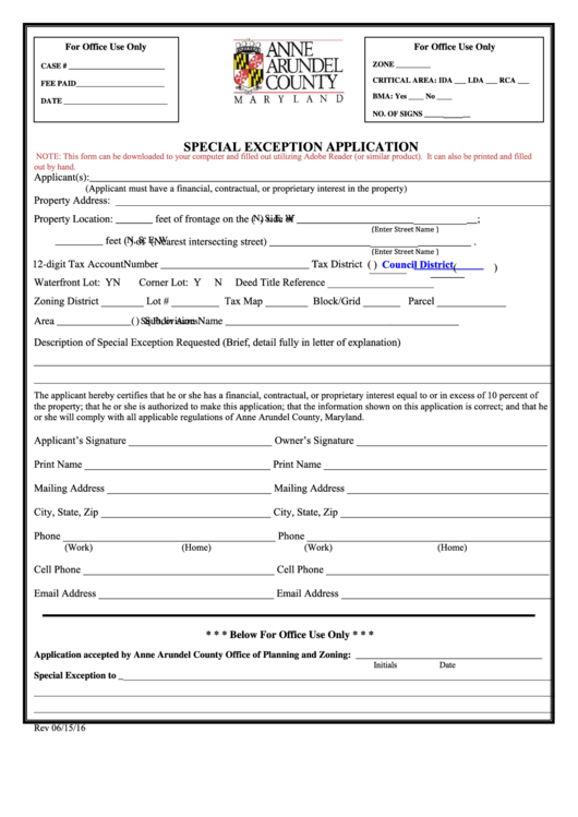 Fillable Special Exception Application - Anne Arundel County Printable pdf