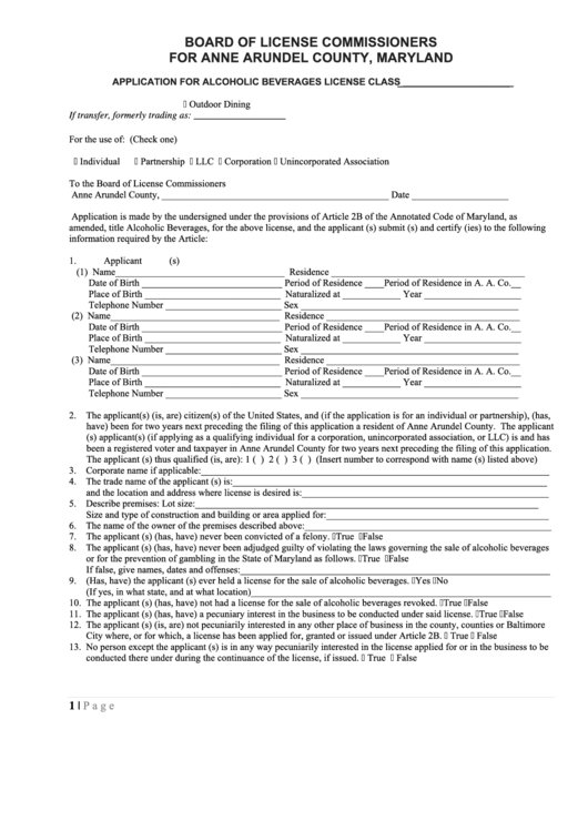Fillable Application For Alcoholic Beverages License Form - Board Of License Commissioners, Anne Arundel County Maryland Printable pdf