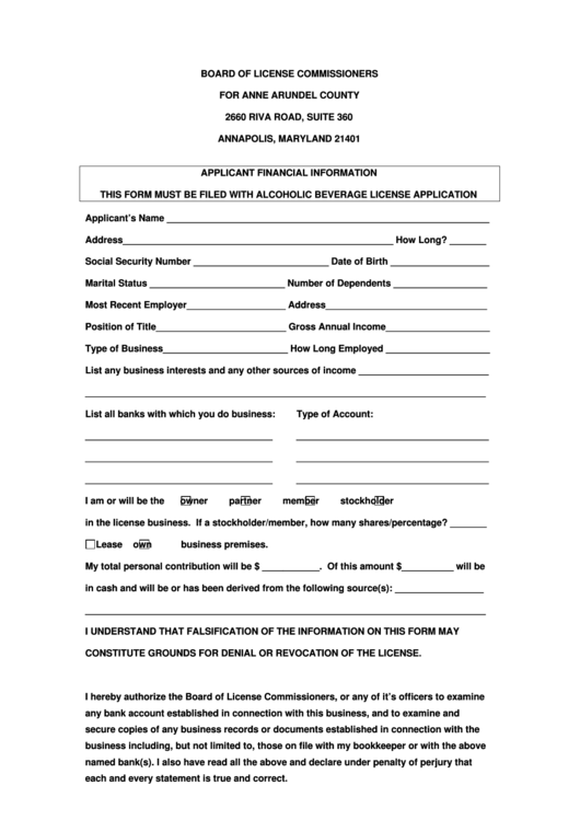 Fillable Applicant Financial Form - Board Of License Commissioners, Anne Arundel County Maryland Printable pdf