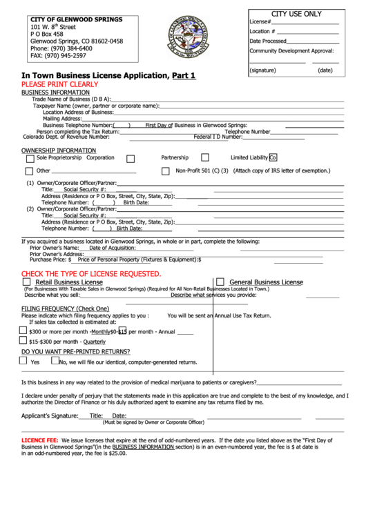 In Town Business License Application Form - City Of Glenwood Springs Printable pdf