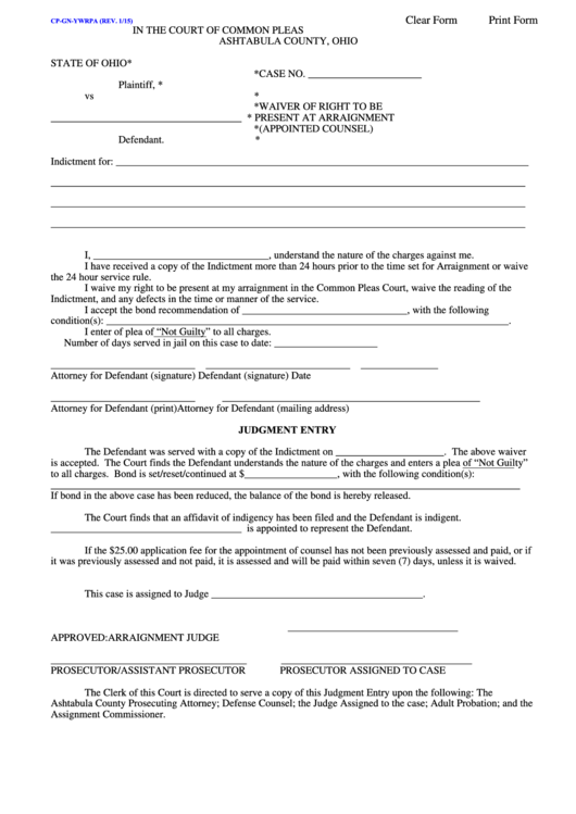 Fillable Form Cp-Gn-Ywrpa Waiver Of Right To Be Present At Arraignment (Appointed Counsel) Printable pdf