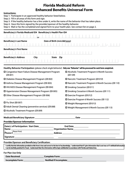 Florida Medicaid Reform Enhanced Benefits Universal Form