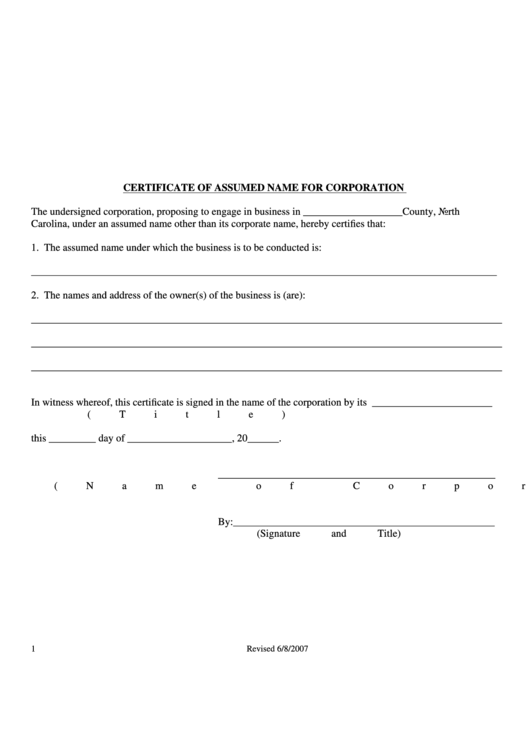 Fillable Certificate Of Assumed Name For Corporation Form Printable pdf