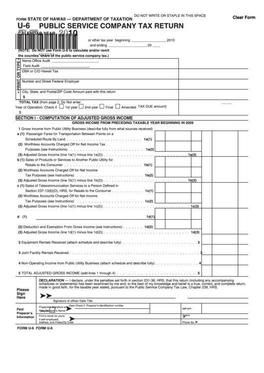 Fillable Form U-6 - Public Service Company Tax Return - 2010 Printable pdf