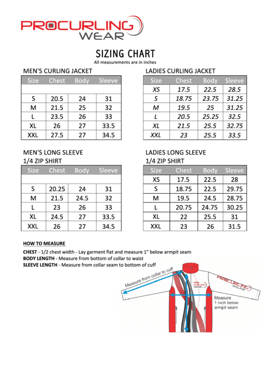 Procurling Wear Curling Jacket Sizing Chart printable pdf download