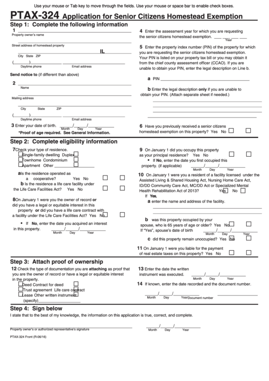 Fillable Form Ptax-324 - Application For Senior Citizens Homestead Exemption Printable pdf