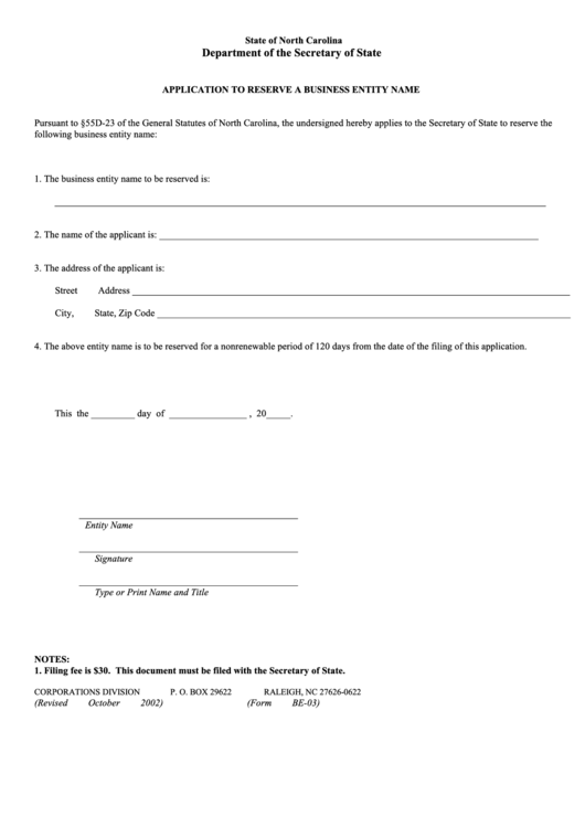 Fillable Form Be-03 - Application To Reserve A Business Entity Name Printable pdf