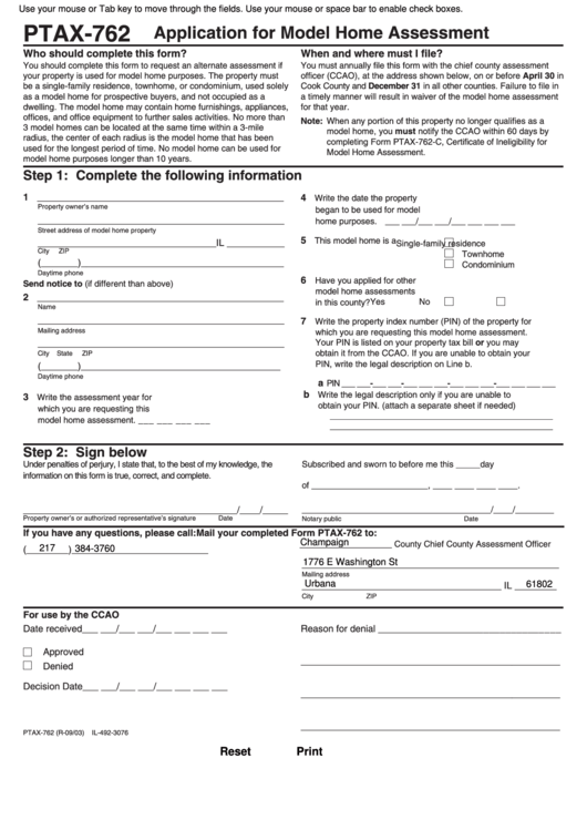 Fillable Form Ptax-762 - Application For Model Home Assessment Printable pdf