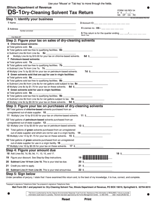 Fillable Form Ds-1 - Dry-Cleaning Solvent Tax Return Printable pdf