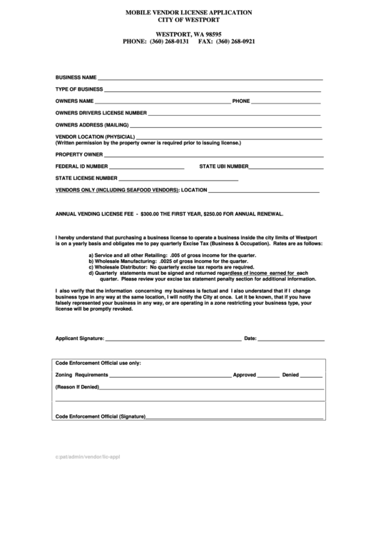 Mobile Vendor License Application Form - City Of Westport Printable pdf