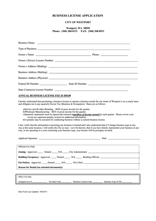 Business License Application Form - City Of Westport Printable pdf