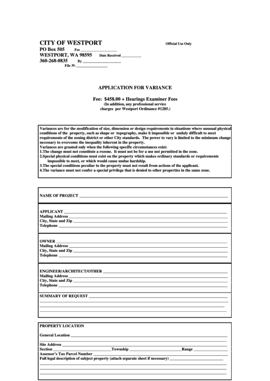 Application For Variance Form - City Of Westport Printable pdf