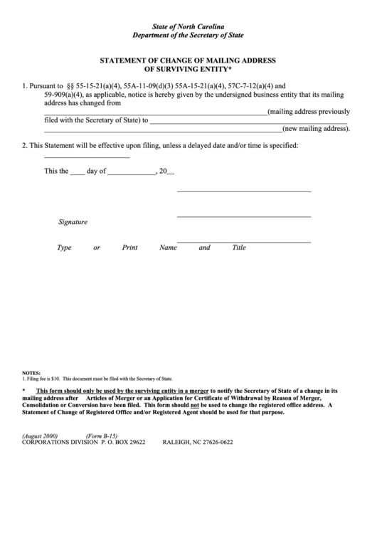 Fillable Form B-15 - Statement Of Change Of Mailing Address Of Surviving Entity Printable pdf