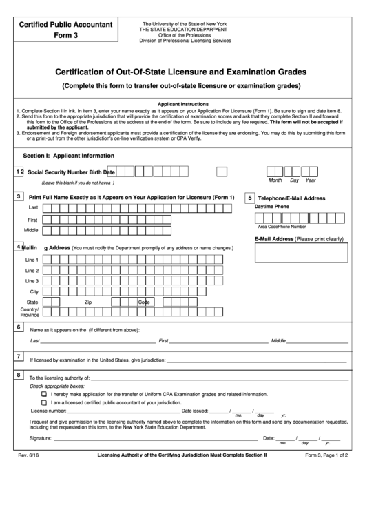 Form 3 - Certification Of Out-Of-State Licensure And Examination Grades - The State Education Department, The University Of The State Of New York Printable pdf
