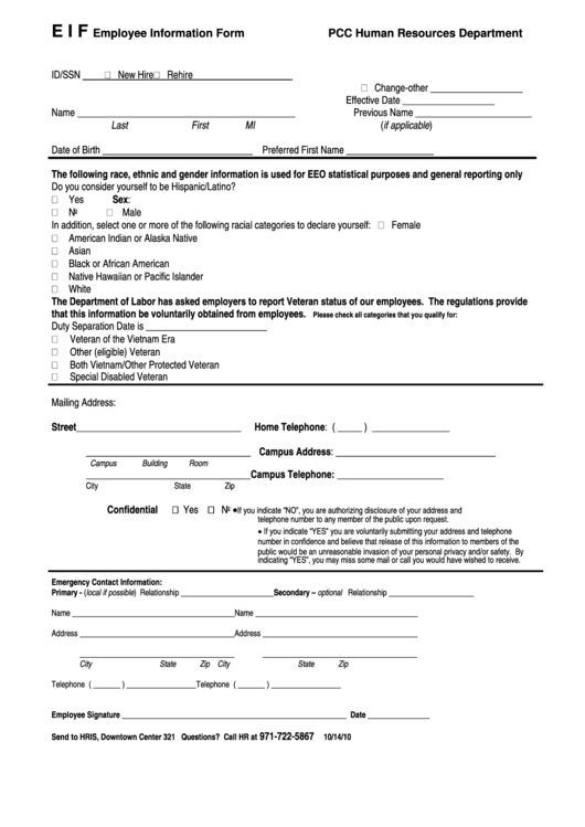 E I F Employee Information Form - Pcc Human Resources Department Printable pdf