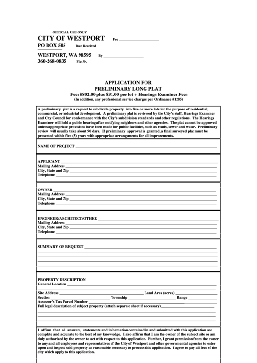 Application For Preliminary Long Plat Form - City Of Westport Printable pdf