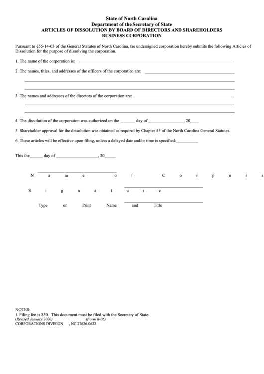 Fillable Form B-06 - Articles Of Dissolution By Board Of Directors And Shareholders Business Corporation Printable pdf