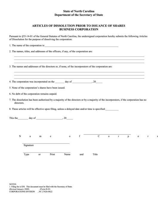 Fillable Form B-05 - Articles Of Dissolution Prior To Issuance Of Shares Business Corporation Printable pdf
