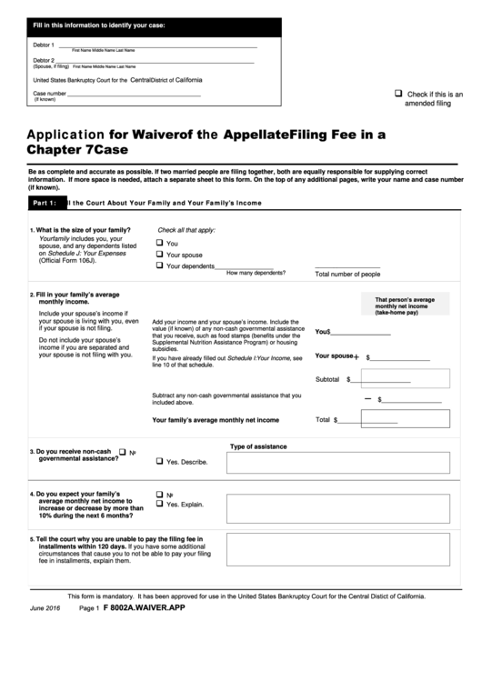 Fillable Form F 8002-1 - Application For Waiver Of The Appellate Filing Fee In A Chapter 7 Case Printable pdf
