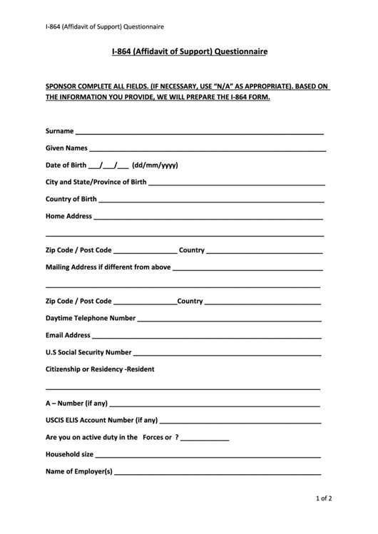I-864 (Affidavit Of Support) Questionnaire Form Printable pdf