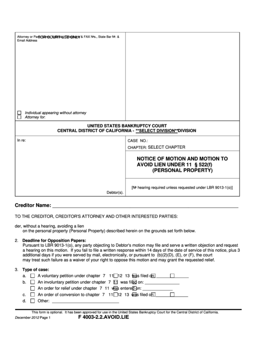 Fillable Notice Of Motion And Motion To Avoid Lien Under 11 U.s.c. 522(F) (Personal Property) Form - United States Bankruptcy Court Printable pdf