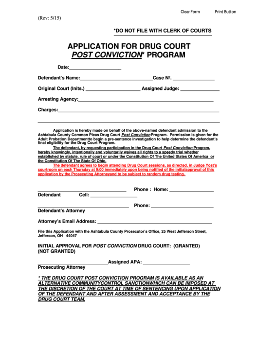 Fillable Application For Drug Court Post Conviction Program - Ashtabula County Common Pleas Drug Court Printable pdf