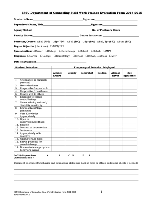 Trainee Evaluation Form 2011-2012 - Sfsu Department Of Counseling Field Work Printable pdf