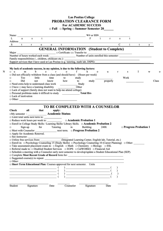 Fillable Probation Clearance Form For Academic Success Printable pdf