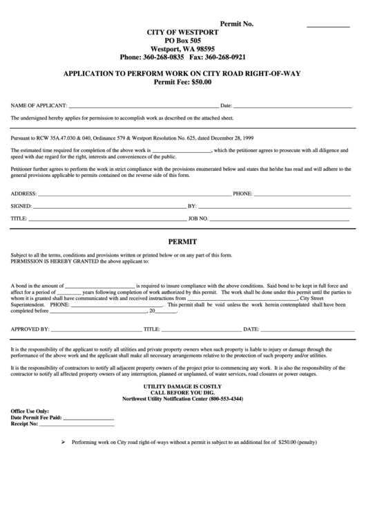 Application To Perform Work On City Road Right-Of-Way Form - City Of Westport Printable pdf