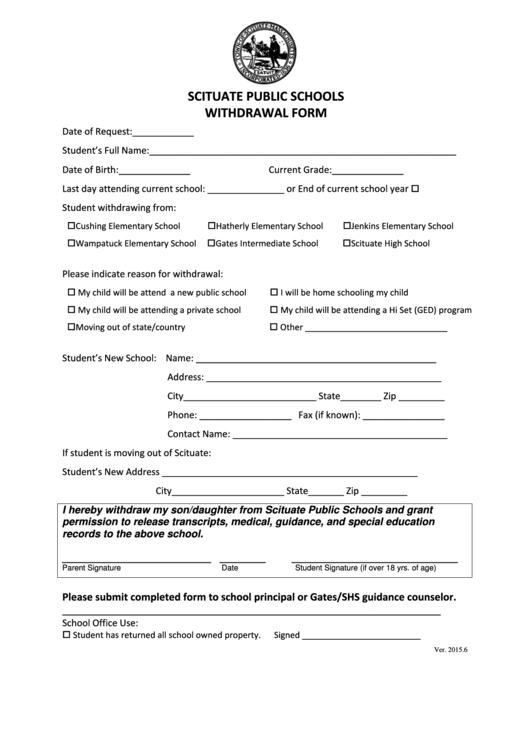 Withdrawal Form - Scituate Public Schools