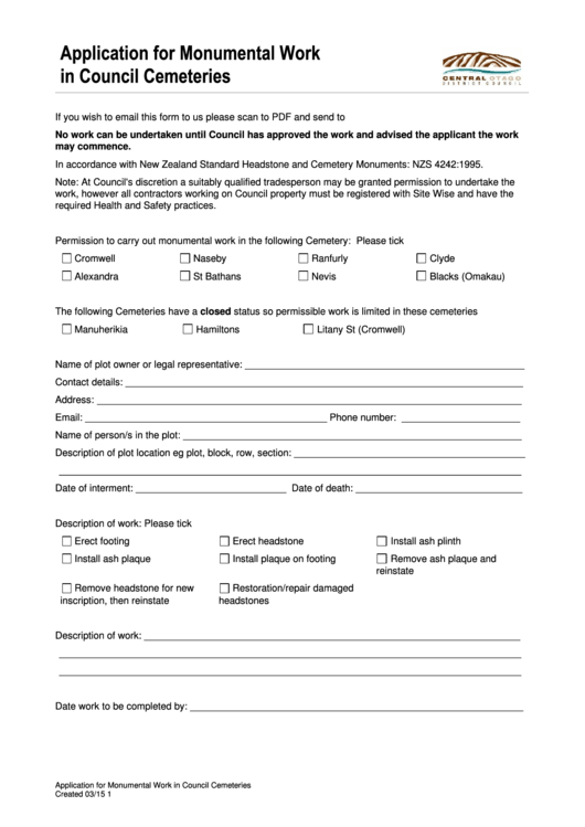 Fillable Application For Monumental Work In Council Cemeteries Form Printable pdf