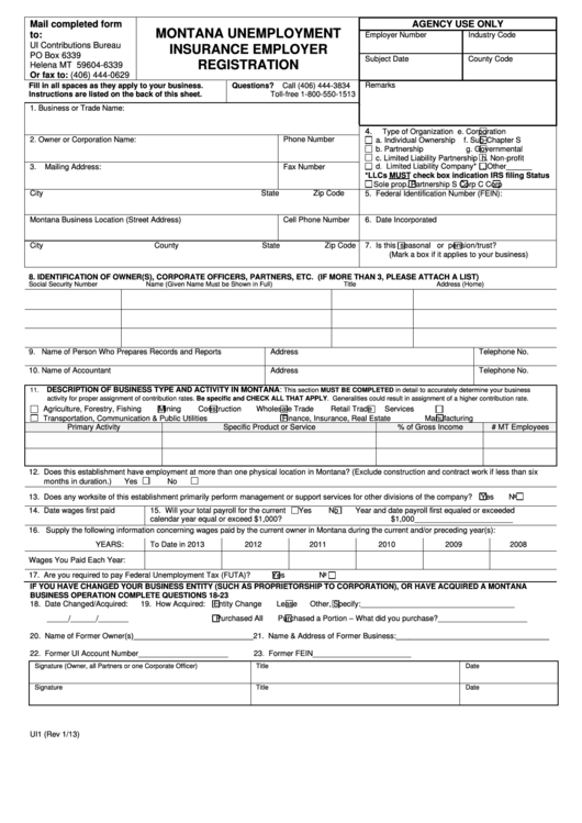 Form Ui1 Montana Unemployment Insurance Employer Registration 2013