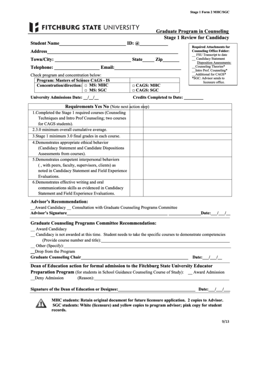 Graduate Program In Counseling Stage 1 Review For Candidacy Form - Fitchburg State University Printable pdf