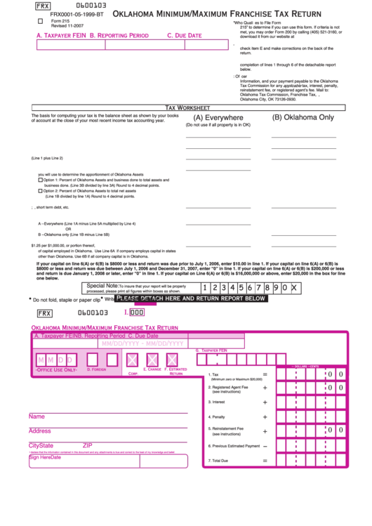 Fillable Form 215 - Oklahoma Minimum/maximum Franchise Tax Return Printable pdf