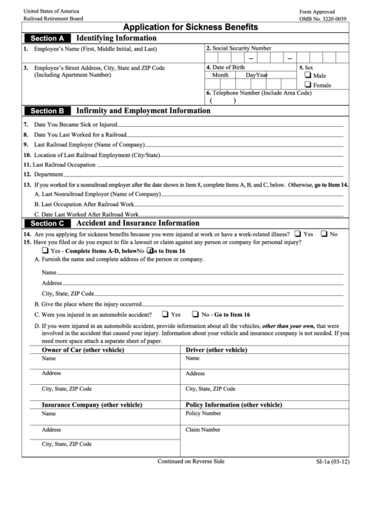 Form Si-10 - Application For Sickness Benefits - Railroad Retirement Board, United States Of America Printable pdf
