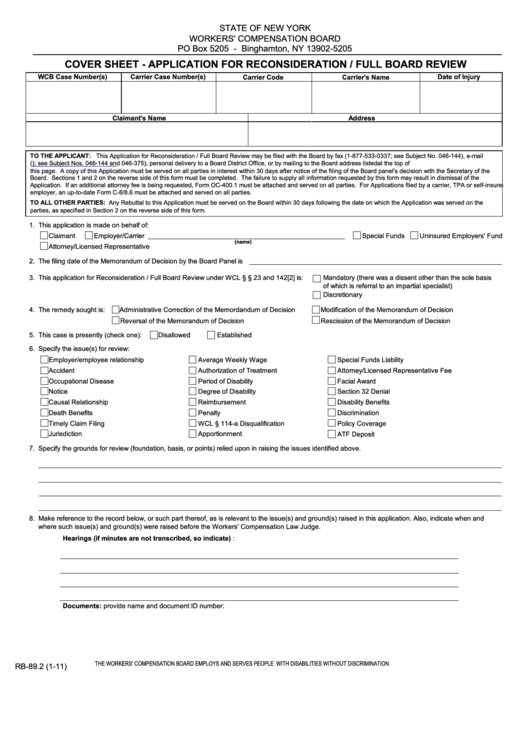 Fillable Form Rb-89.2 - Cover Sheet - Application For Reconsideration / Full Board Review Printable pdf