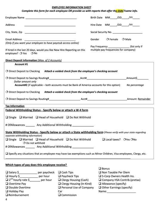 Fillable Employee Information Sheet For Intuit Full Service Payroll Printable pdf